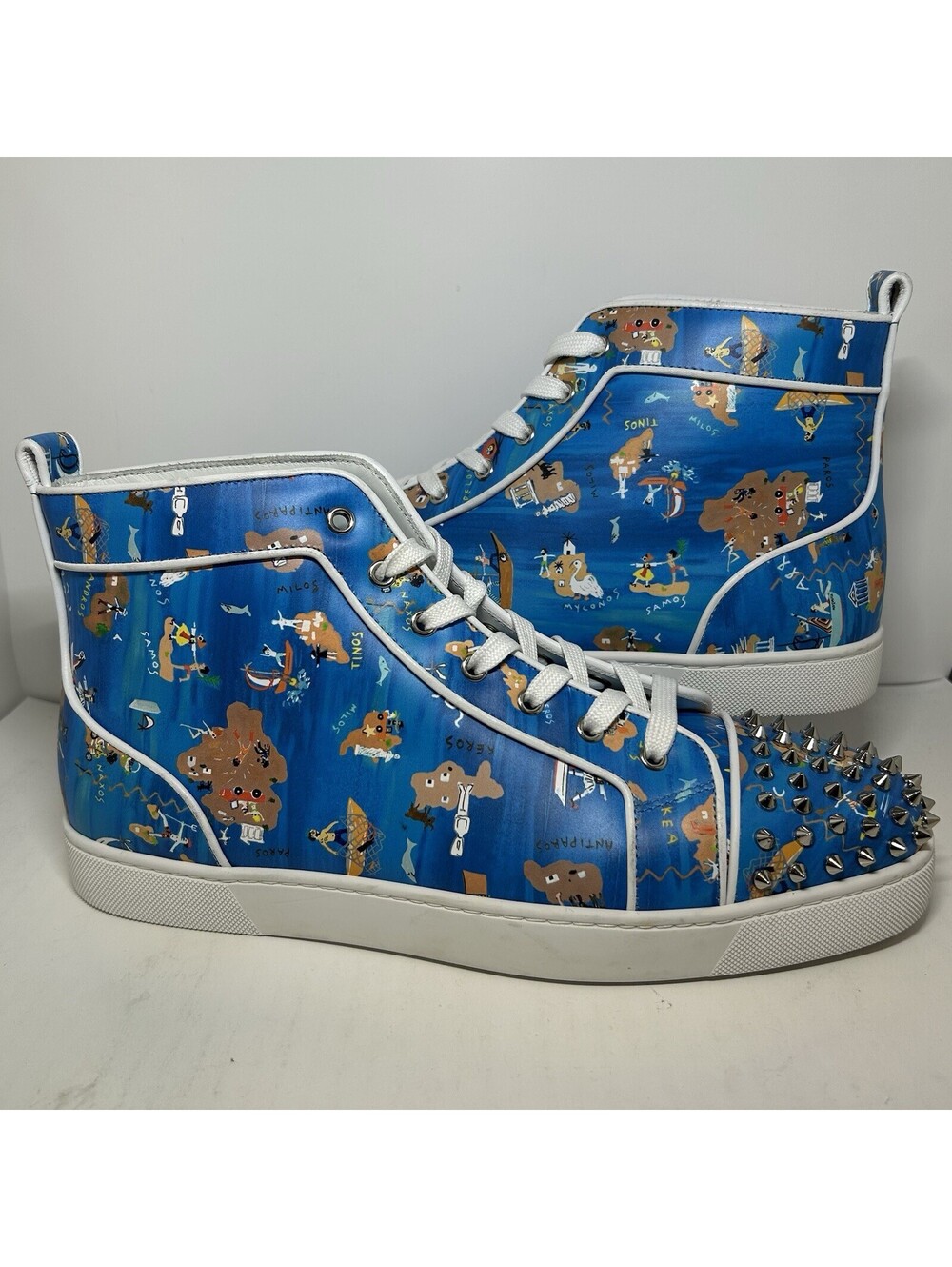 NEW Christian Louboutin Red Bottom Spike High Top Shoes Blue Desert - Size 12.5